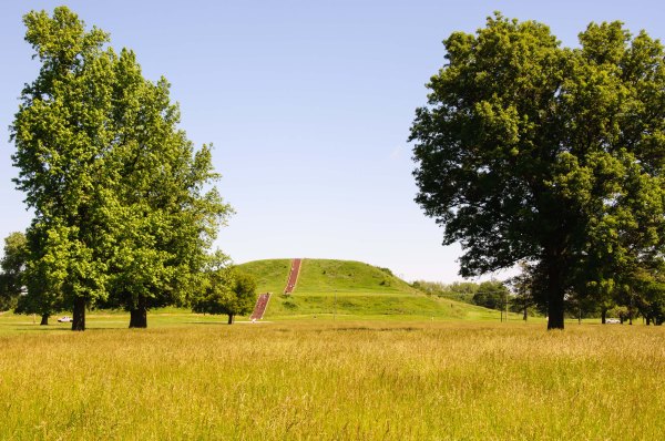 L'imposant tertre central de Cahokia, Monk's Mound, domine le paysage environnant. On peut apercevoir le panorama urbain de Saint-Louis, à l'ouest, de la terrasse supérieure de ce monument.